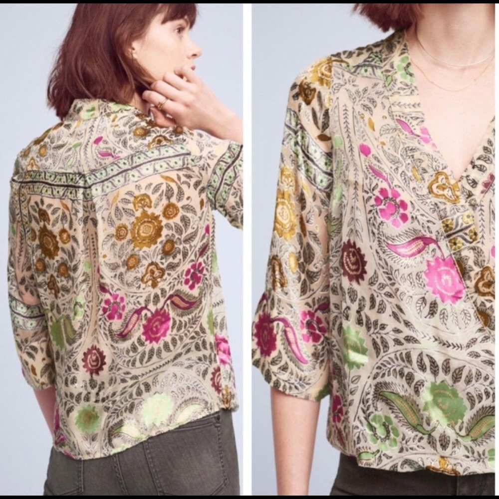 Anthropologie Floreat Velvet Burnout Floral Blouse